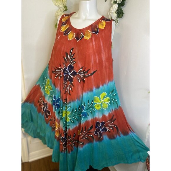 Vtg Seven Islands Boho Tie Dye Cultural Flowy Dress Sleeveless Flowers One‎ Size - Picture 4 of 16